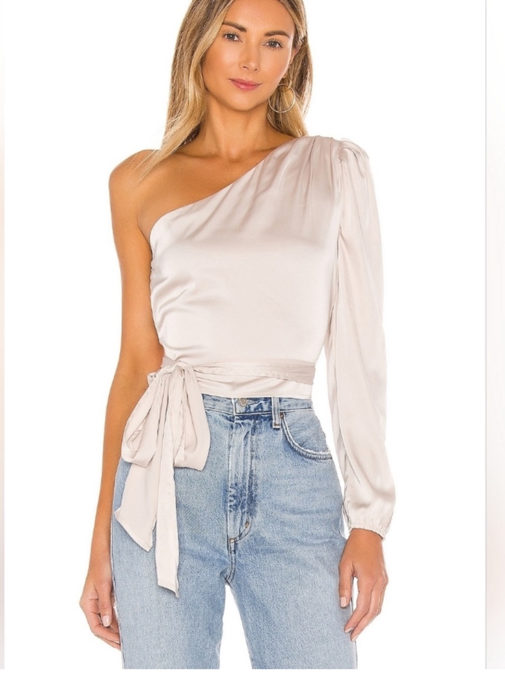 Asymmetrical One-Shoulder Wrap Bandeau Top in Light Beige